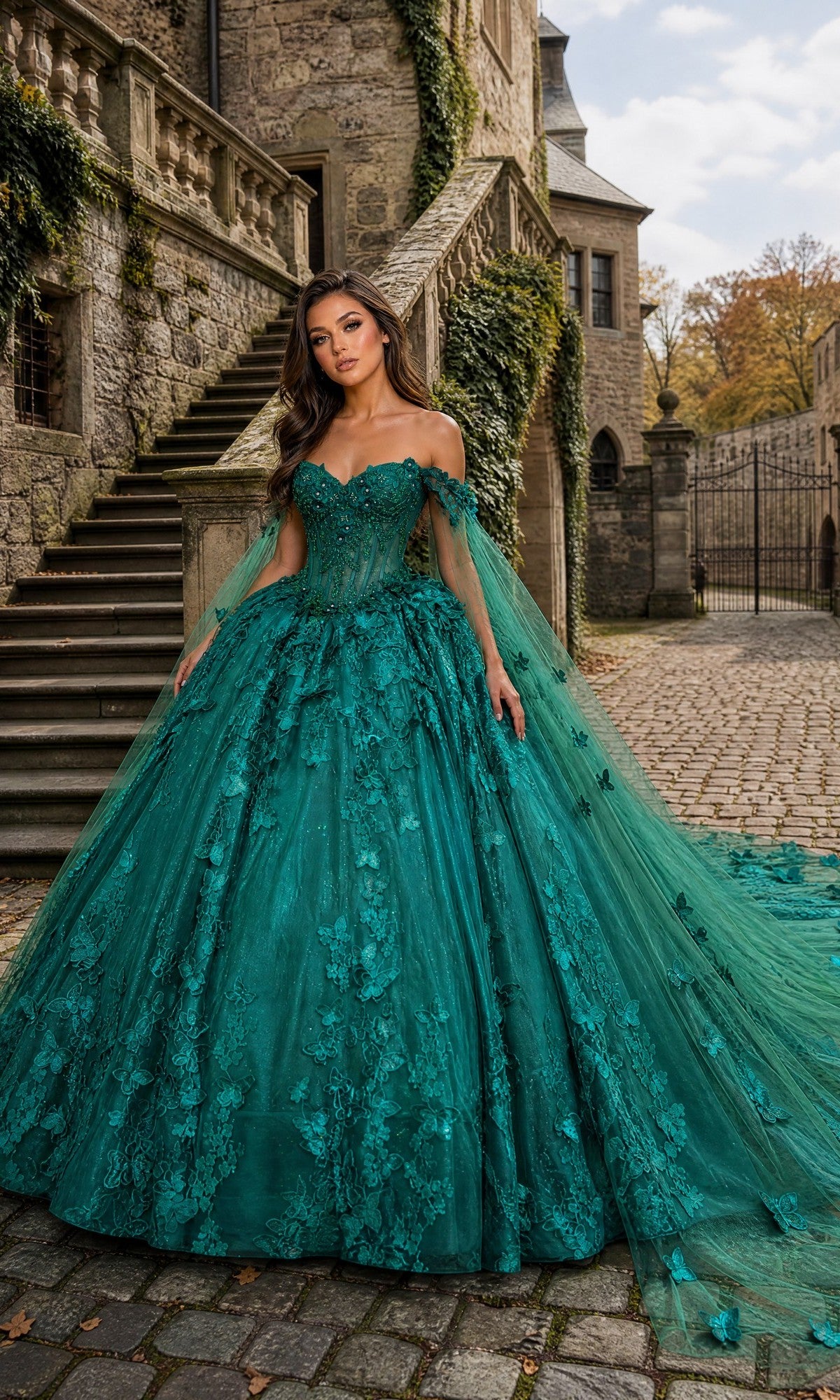 A woman wearing the Hunter Green Fuchsia Quinceanera Dress 1960 by Dancing Queen, featuring an elegant corset bodice, poses outdoors on cobblestone near a stone building and stairs, with ivy and trees in the background.